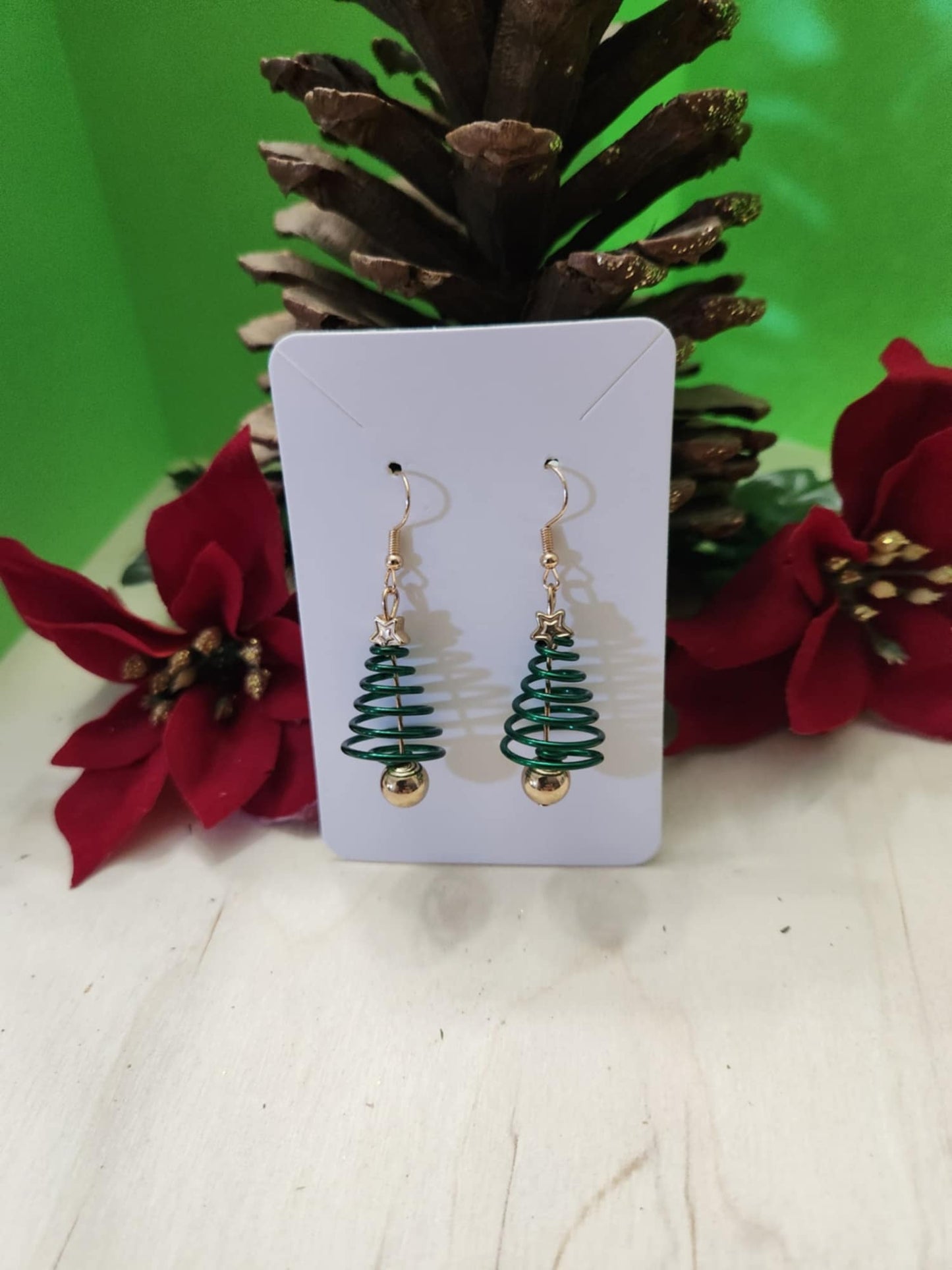 Green Spiral Christmas Tree Earrings