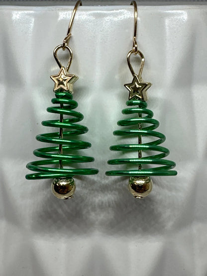 Green Spiral Christmas Tree Earrings