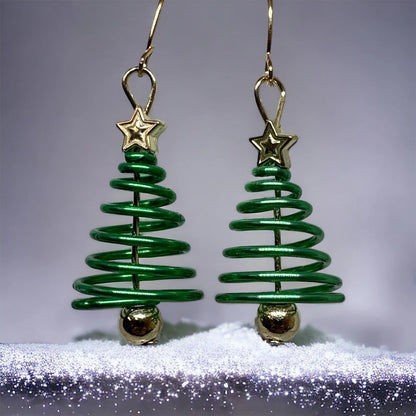 Green Spiral Christmas Tree Earrings