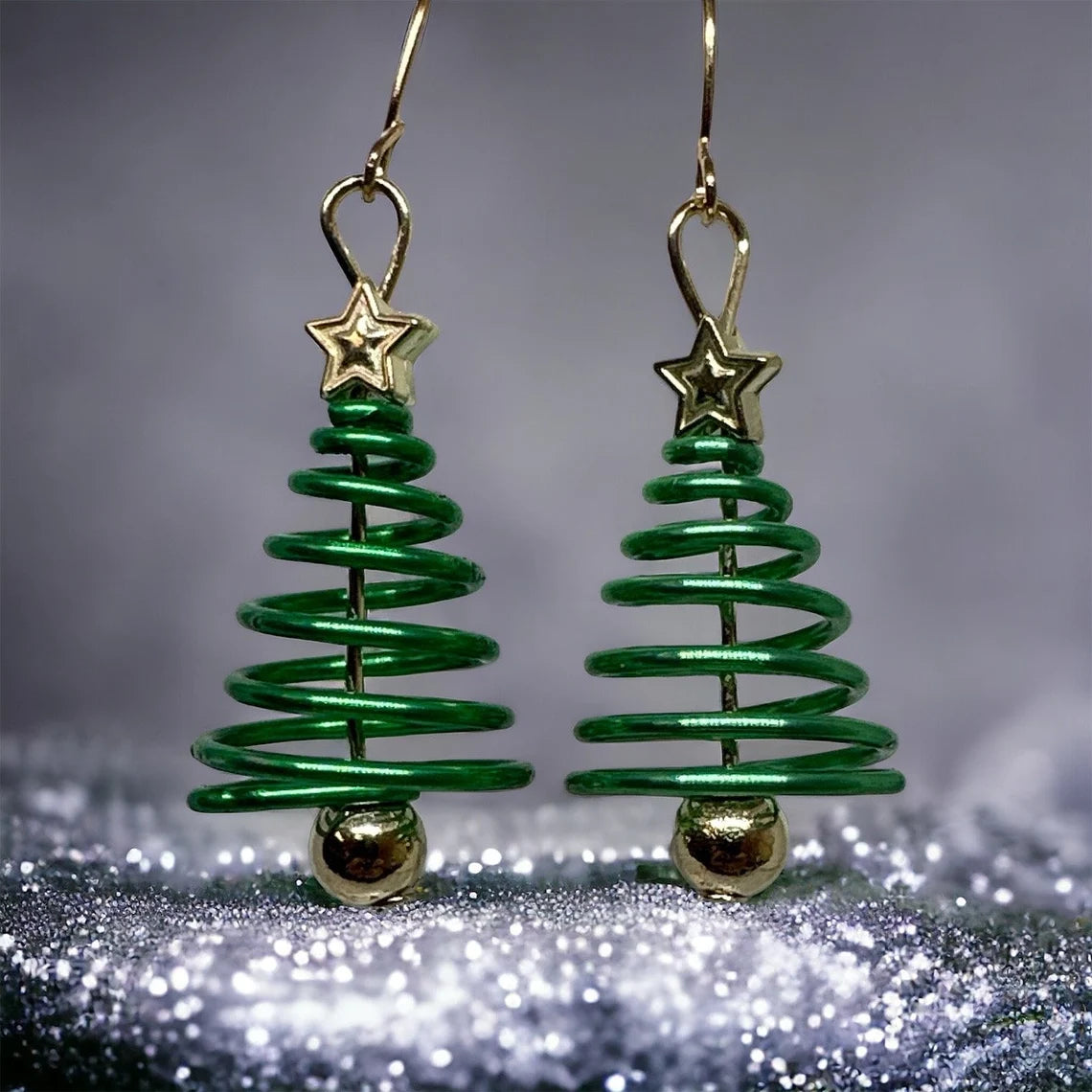 Green Spiral Christmas Tree Earrings